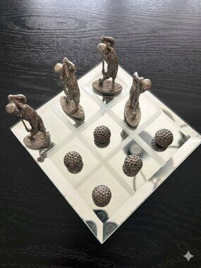 Vintage Golf Tic Tac Toe Game Mirror Board Golfers Metal Pieces 6x6 Decor